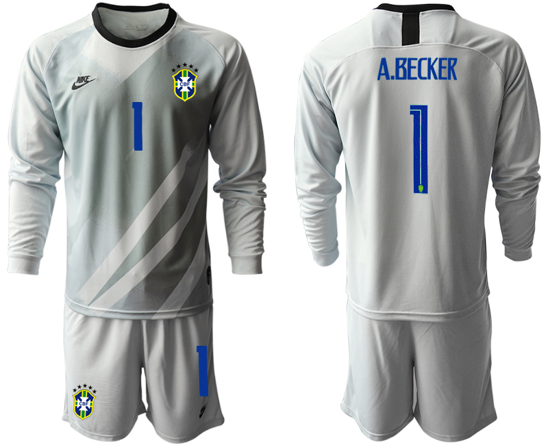 Men 2020-2021 Season National team Brazil goalkeeper Long sleeve grey #1 Soccer Jersey